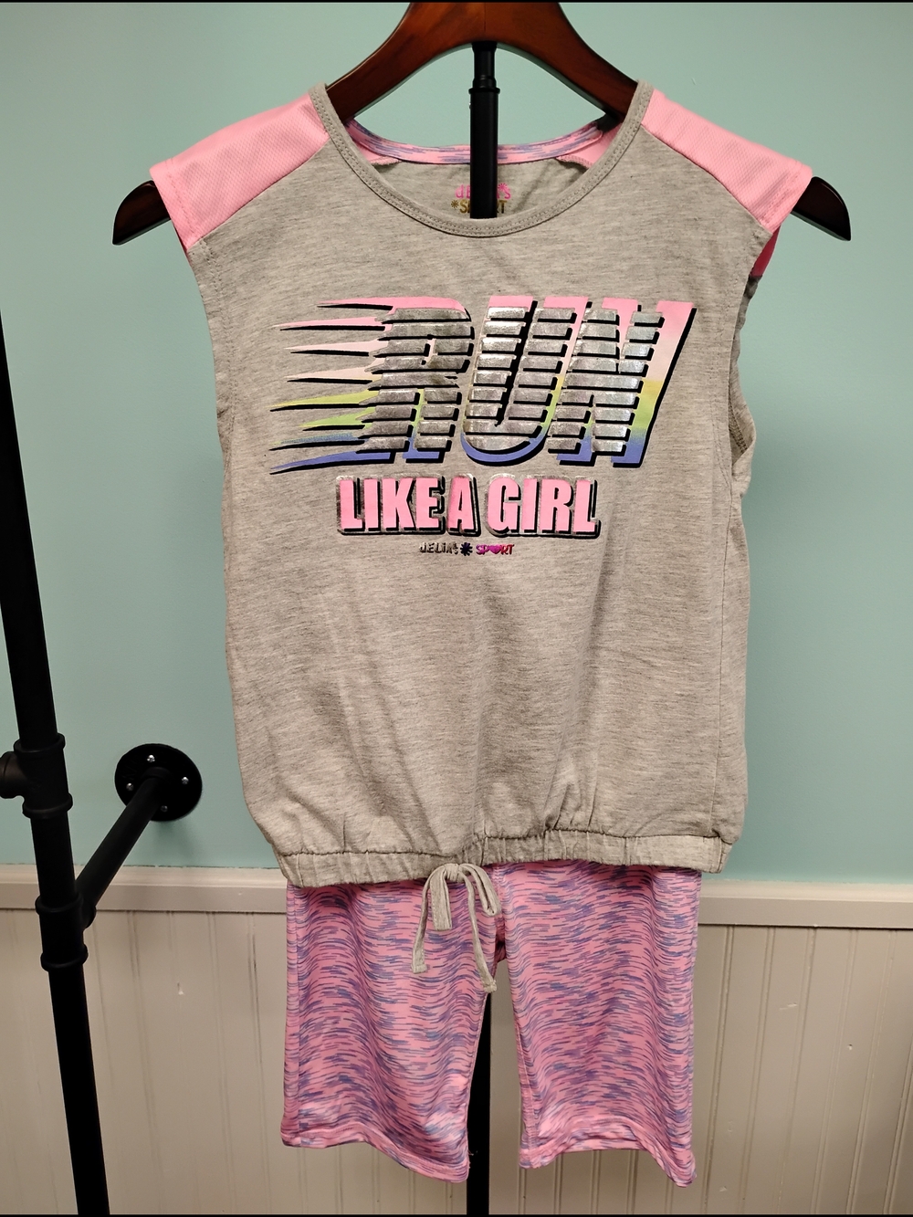 Run Like A Girl Pink & Gray Kids Matching Set - Active Top & Shorts